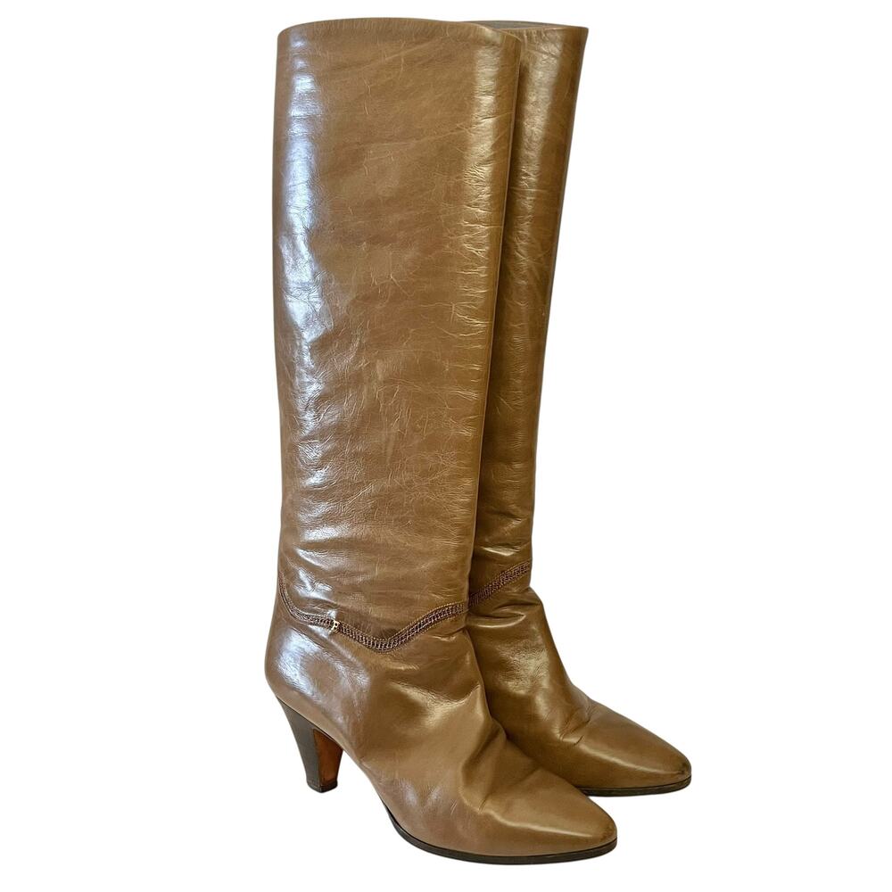 Bally Vintage Tan Italian Leather Snake Trim Mid-Heel Knee-High Boots Sz 37.5/7M